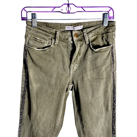 Zara Basic Stretch Skinny Jeans Size 06 Olive Rhinestone Embellished Distressed - Picture 7 of 7